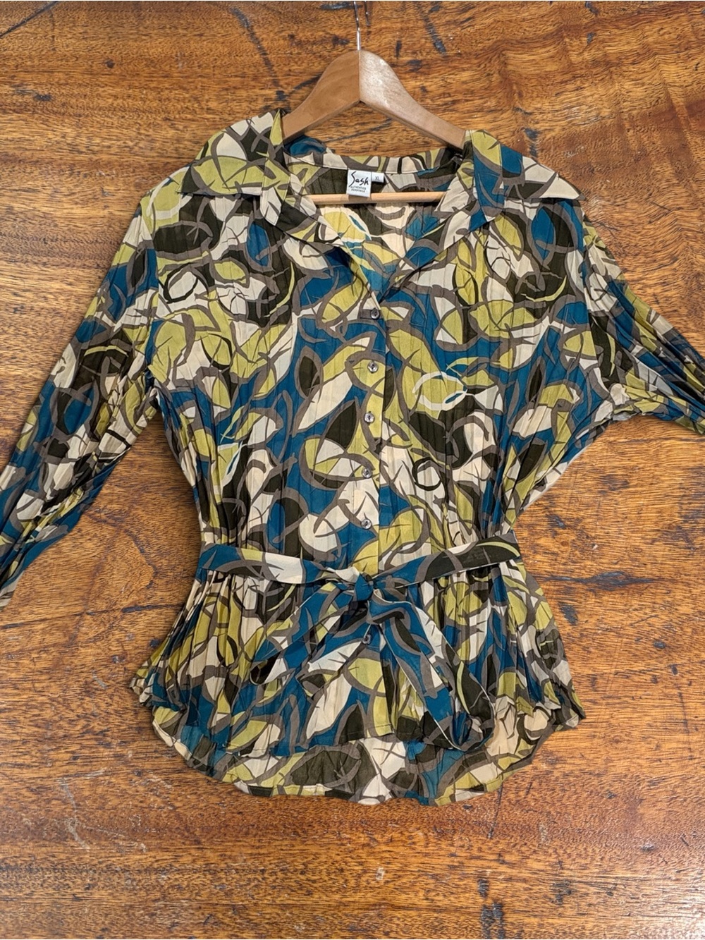 Sash Vintage Pleated Button Down Blouse Blue Green Abstract Pattern Belted XL